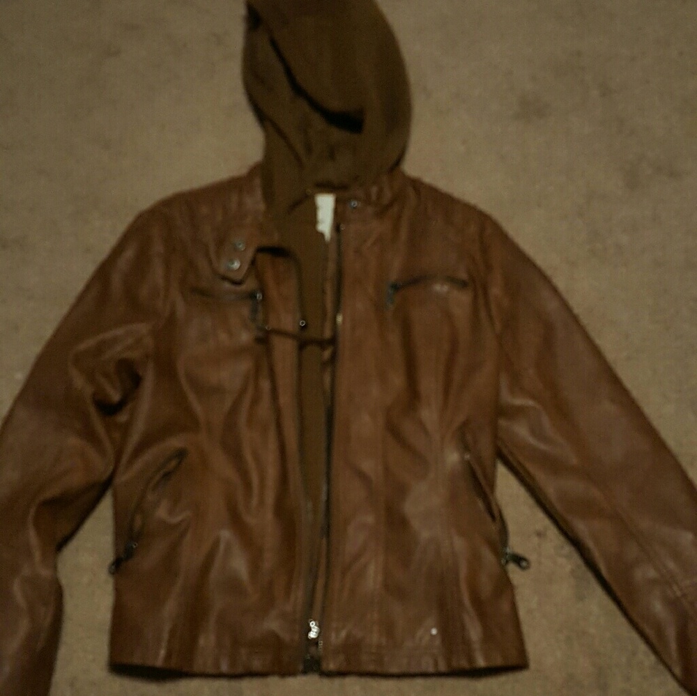 Brown leather jacket with hoodie